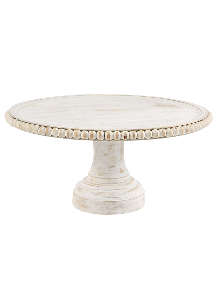 Whitewash Round Beaded Wood Cake Stand